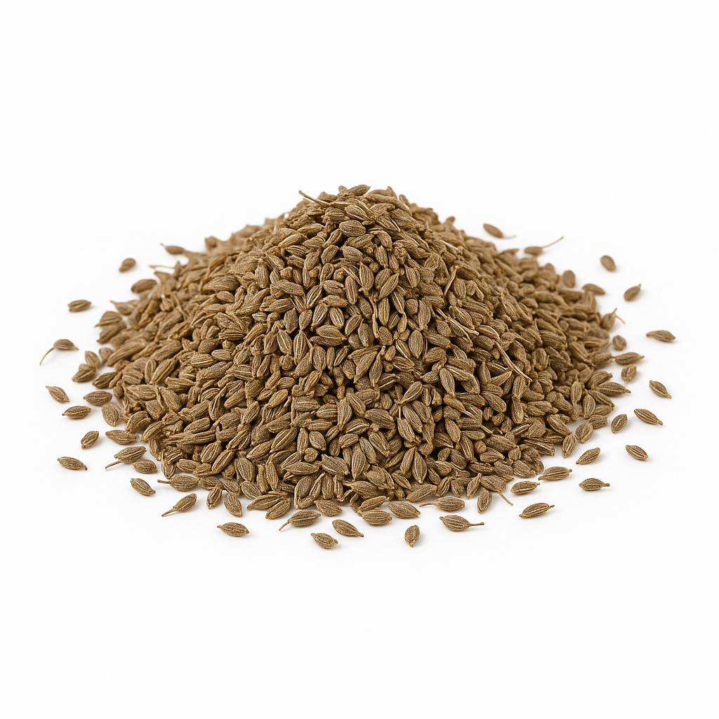 Bunke med hele kommenfrø på hvid baggrund