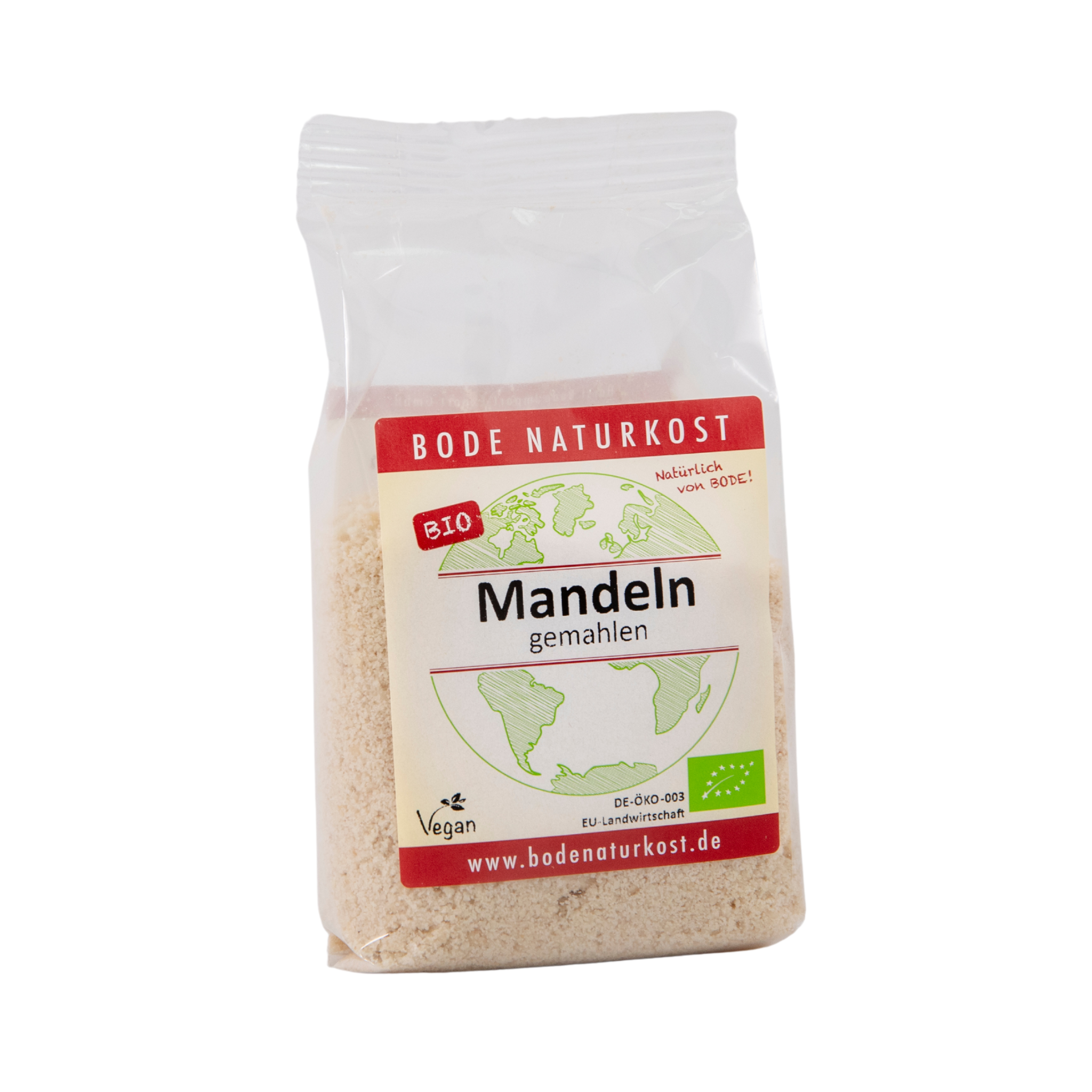 Transparentes Kunststofftütchen mit Bode Naturkost-Etikett: Bio-Mandeln (gemahlen), vegan, EU-Bio-Logo sichtbar