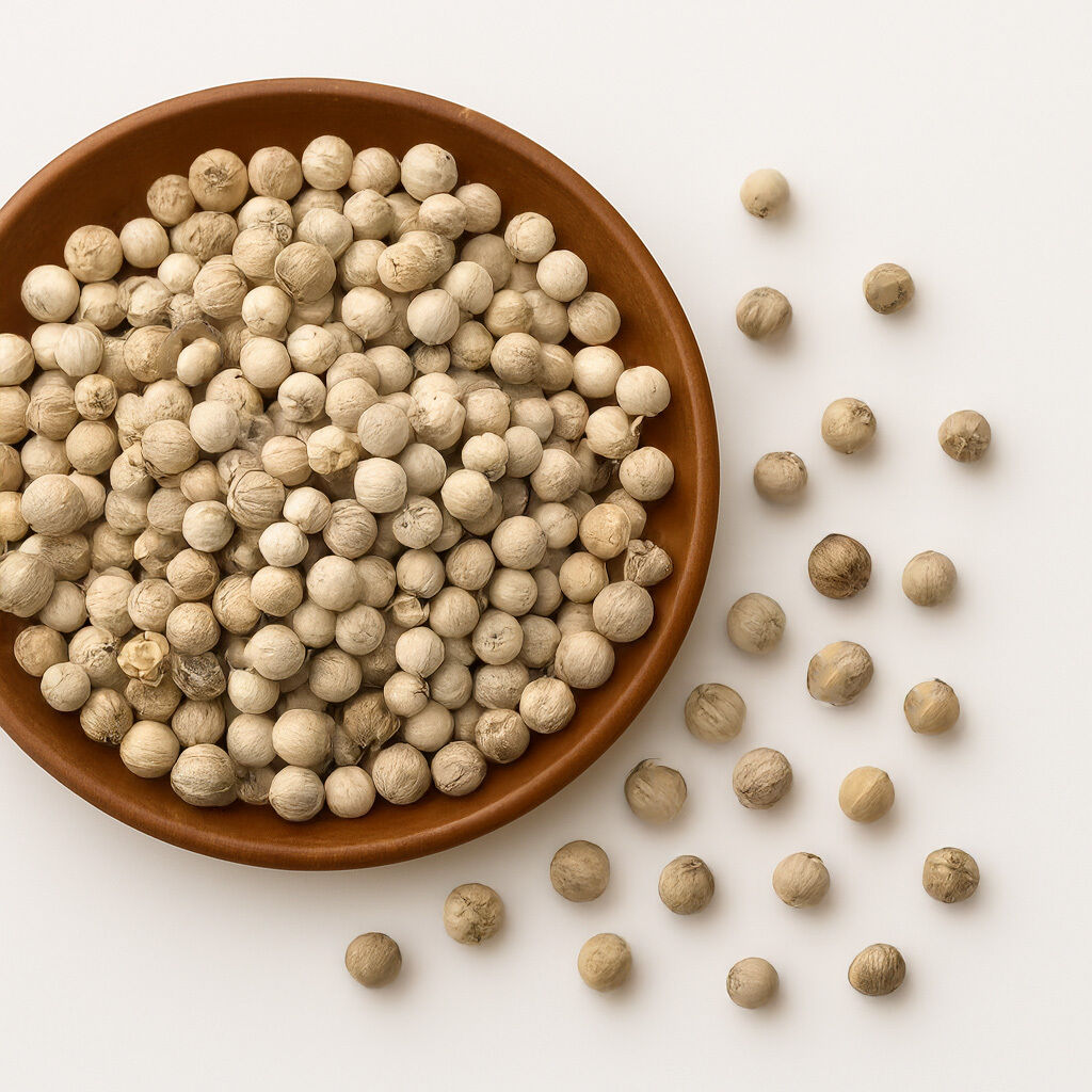 A bowl filled with dried white peppercorns, with some scattered around on a white surface.