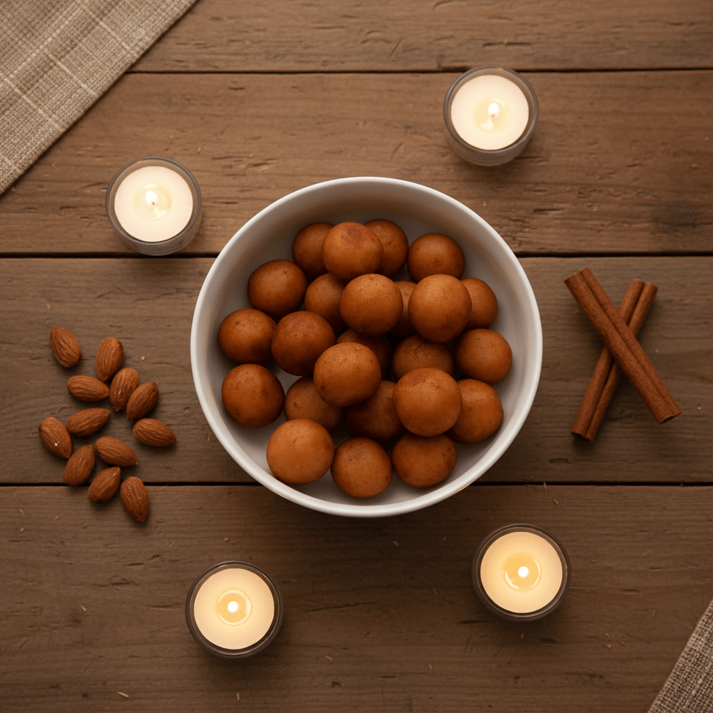 En skål med runde krydrede småkager omgivet af mandler, kanelstænger og tændte lys på et træbord.
