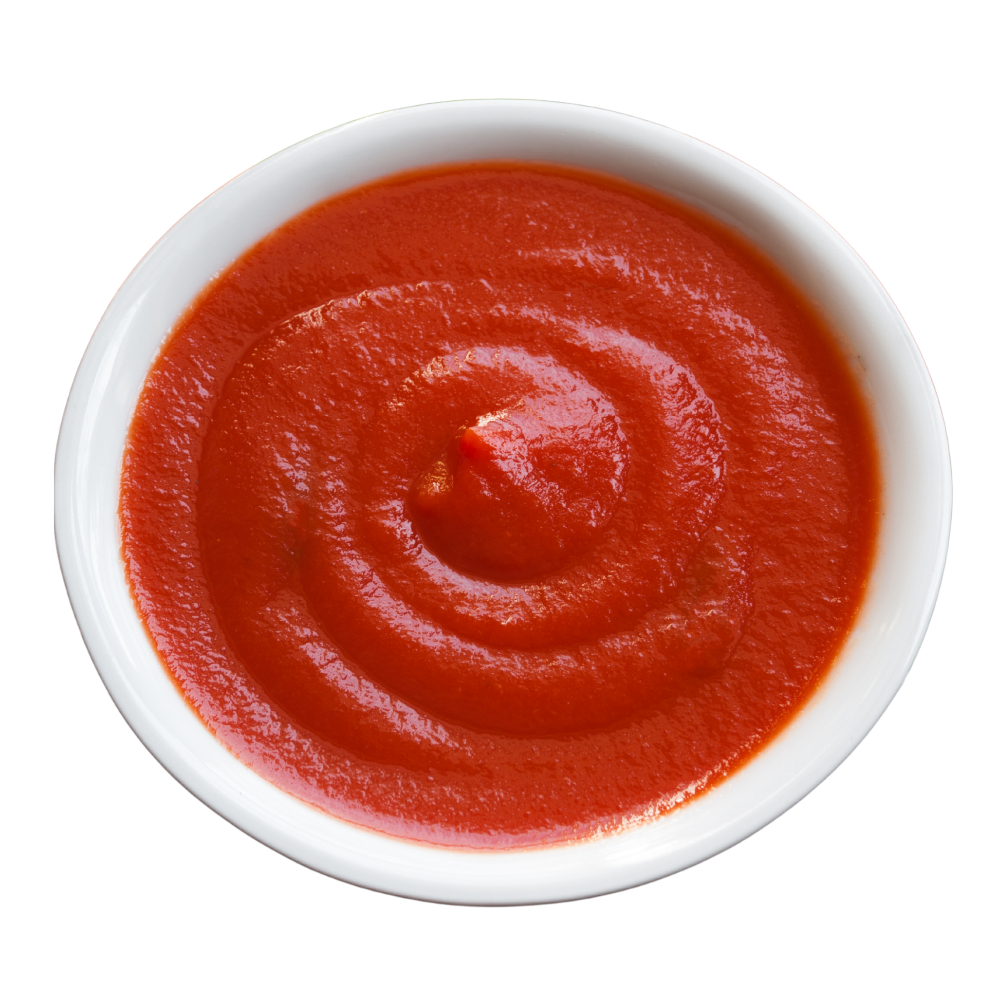 Hvid skål fyldt med glat rød tomatsauce (ketchup), set oppefra