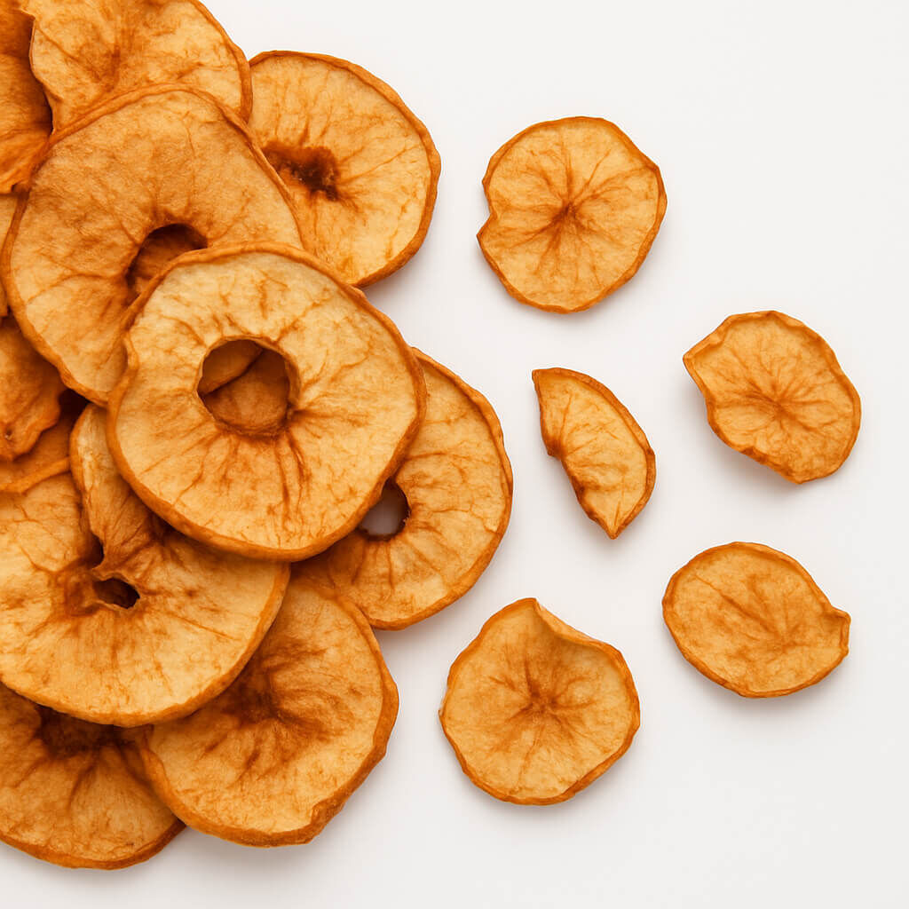 Close-up of dried apple rings arranged on white