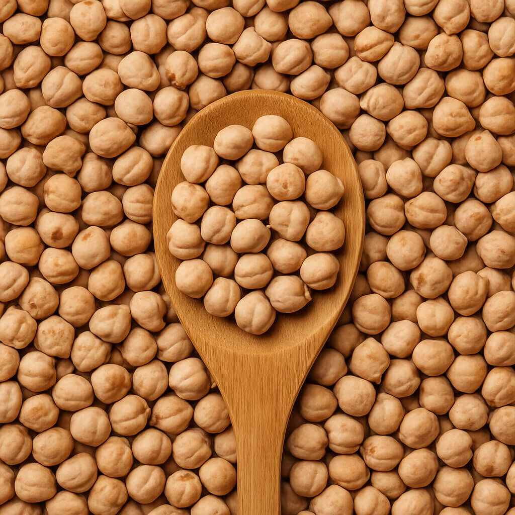 Close-up of dried chickpeas in wooden spoon