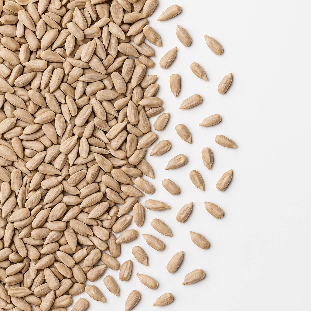 Shelled sunflower seeds on white background
