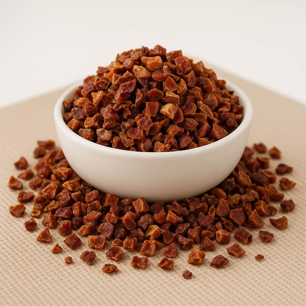 White bowl of small diced dried apricot pieces