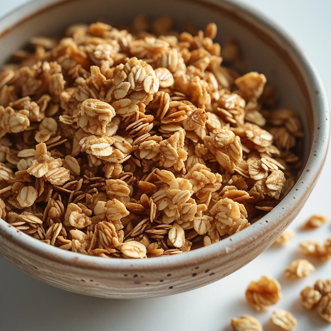 Nærbillede af gylden, sprød havregranola i en keramisk skål, med enkelte klumper og få smuler spredt ved siden af.