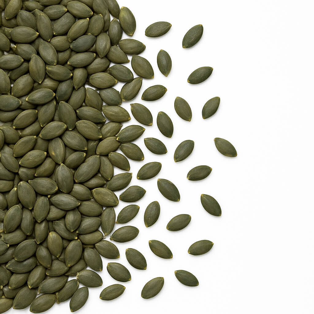 Close-up of shelled green pumpkin seeds on white