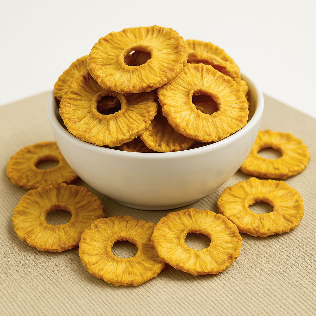 Bowl of dried pineapple rings on beige mat