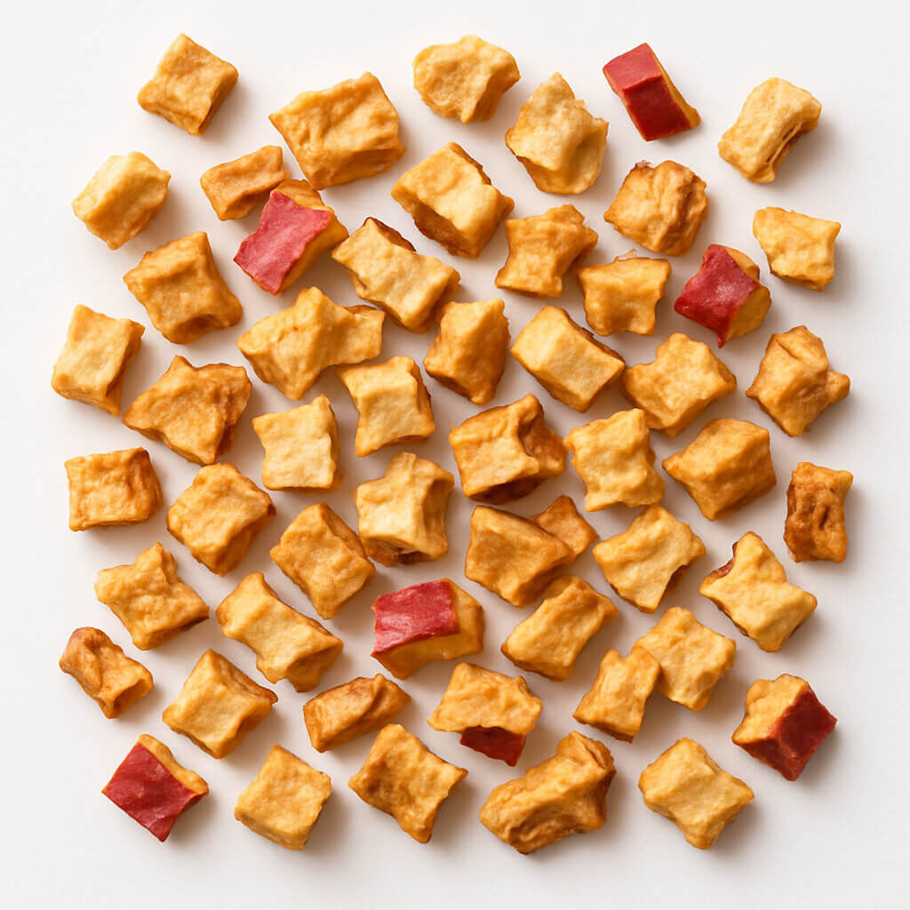 Close-up of golden cheese snack bites with red pieces