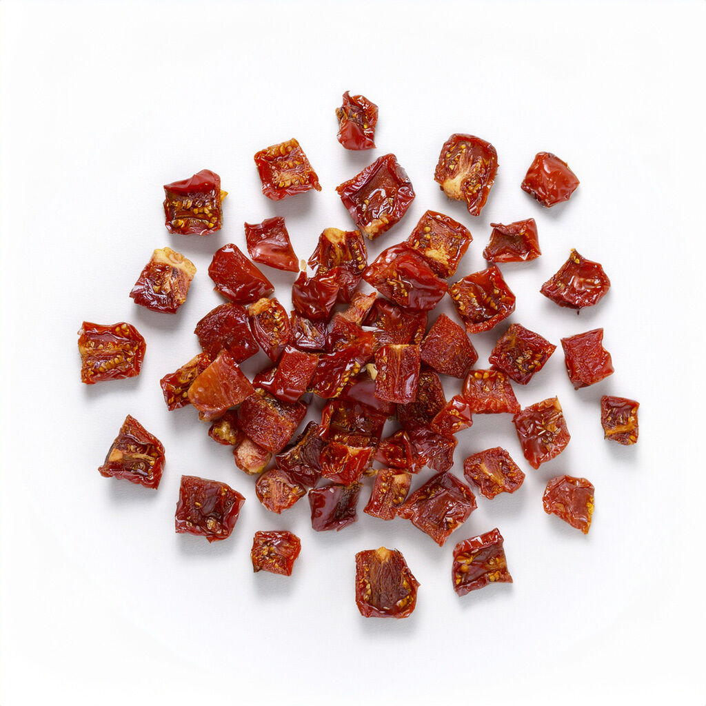 Diced sun-dried tomatoes on white background