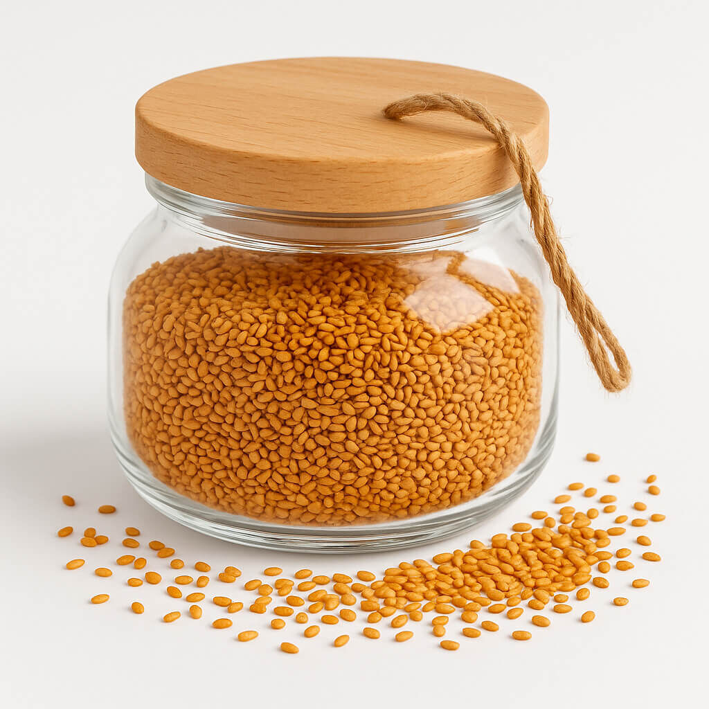 Jar of orange lentils on white background