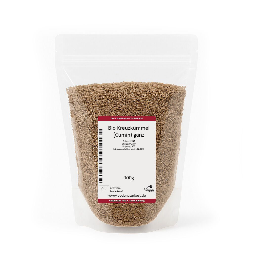Gennemsigtig genlukkelig pose med 300 g økologiske hele spidskommenfrø (cumin) og hvid produktetiket