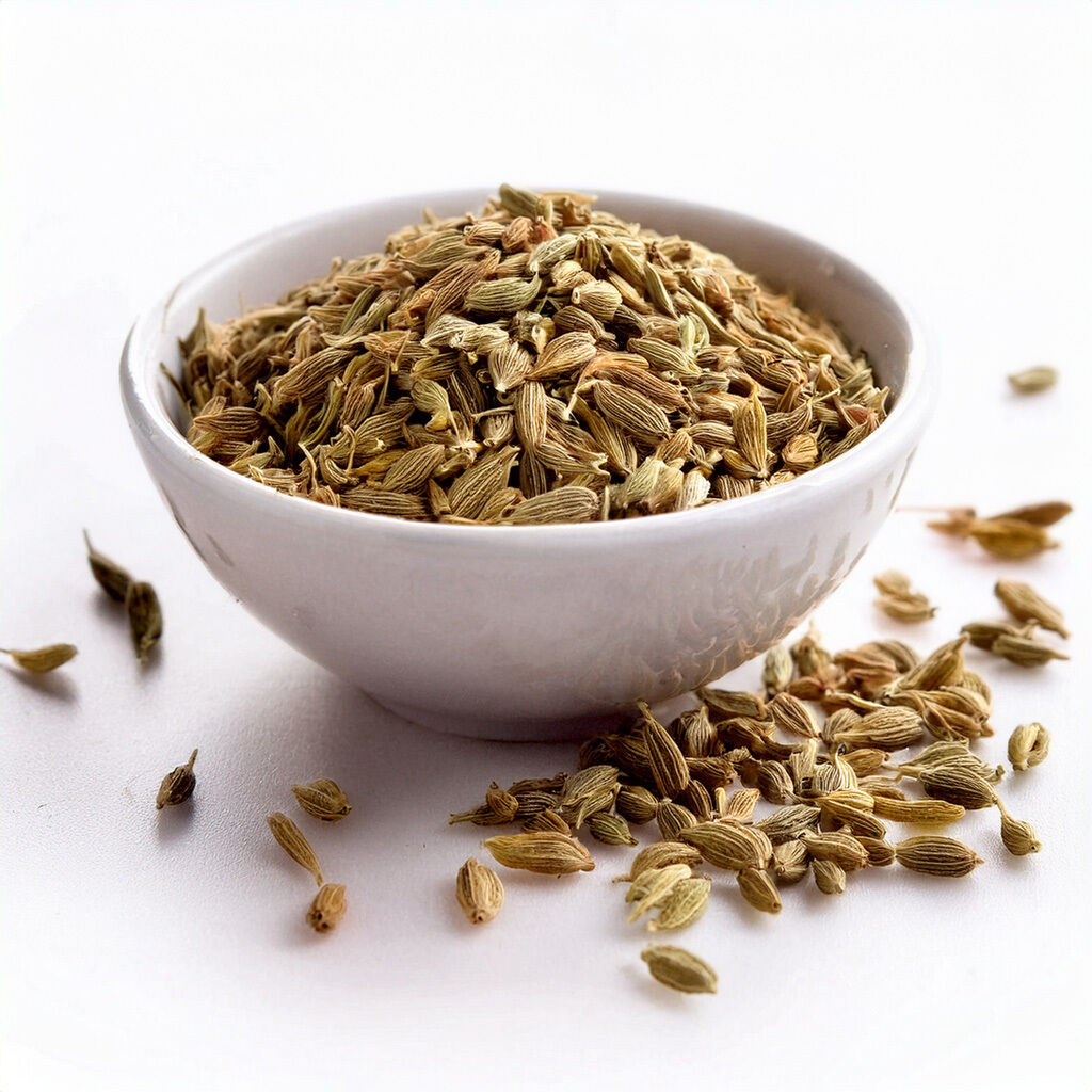 Hvid skål fyldt med grønbrune fennikelfrø, enkelte frø spredt på hvid baggrund