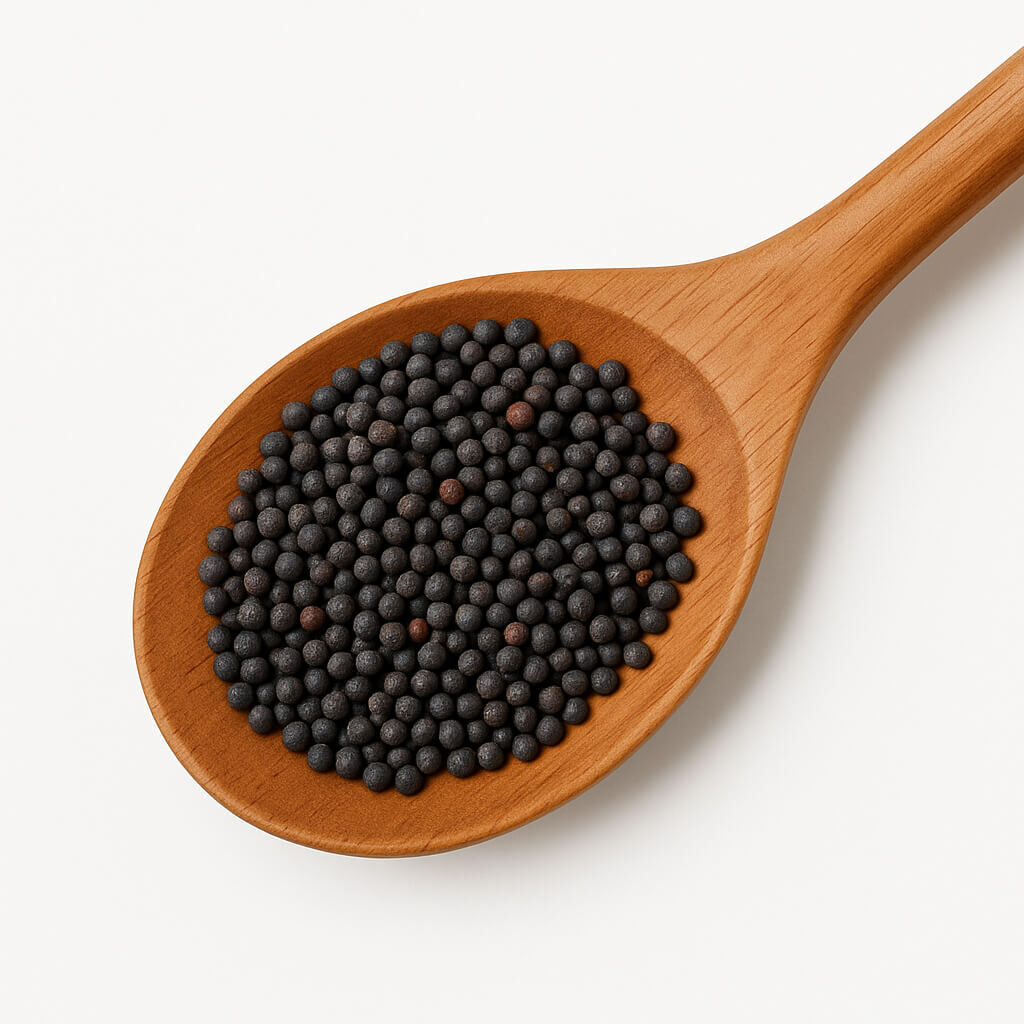 Close-up of black peppercorns on a wooden spoon