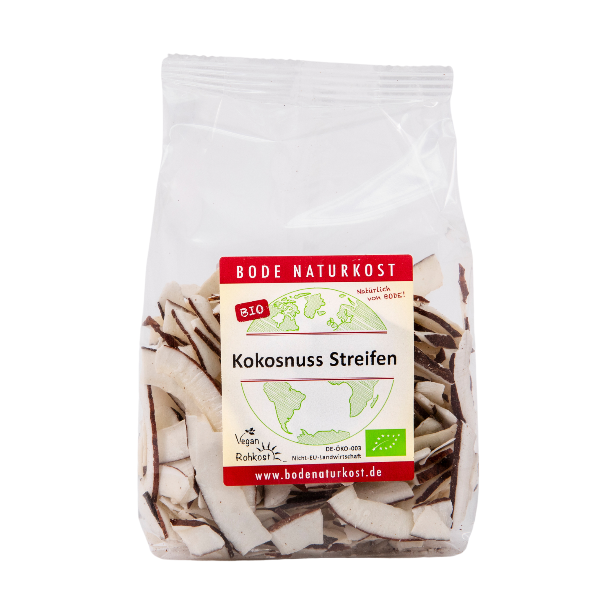 Plastpose med Bode Naturkost økologiske kokosstrimler, hvide strimler med brune kanter og etiket med rød top og grønt økologimærke.