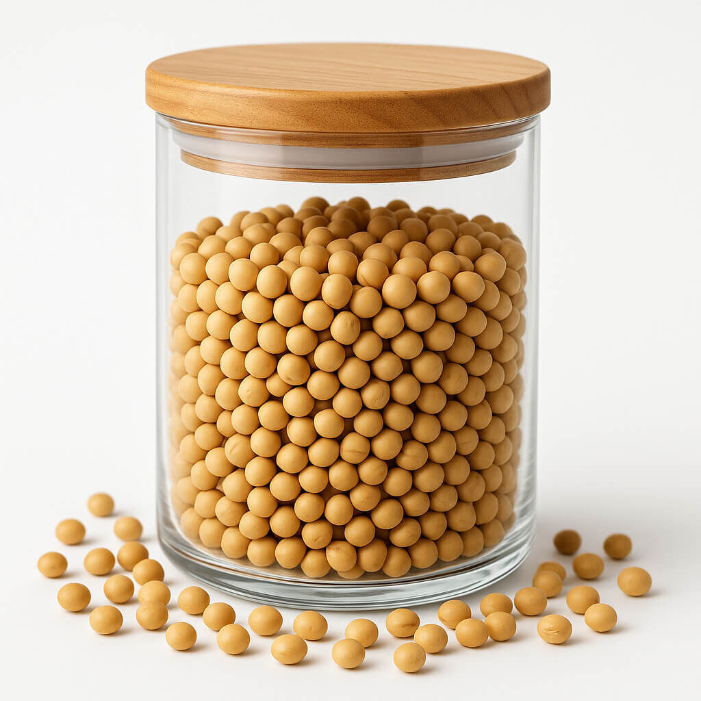 Clear glass jar filled with soybeans on white