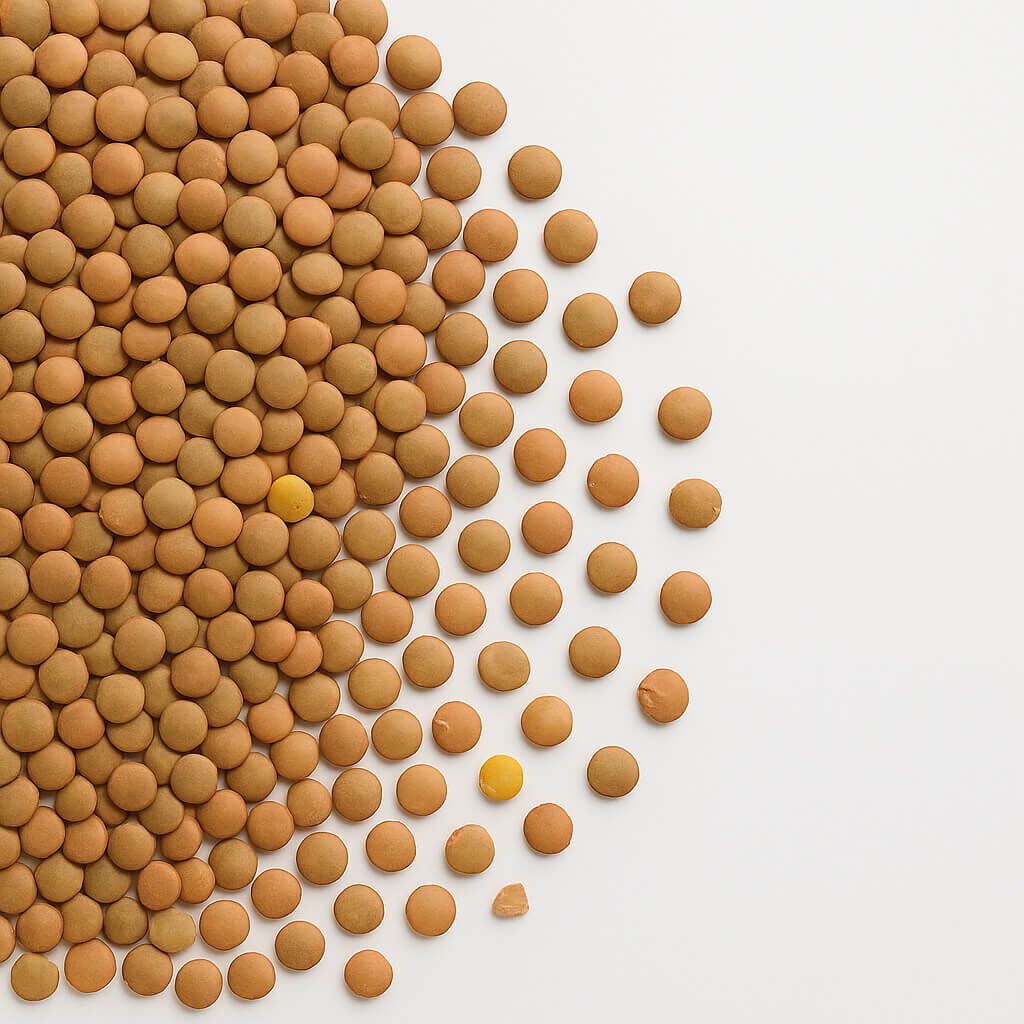 Close-up of brown lentils with two yellow lentils