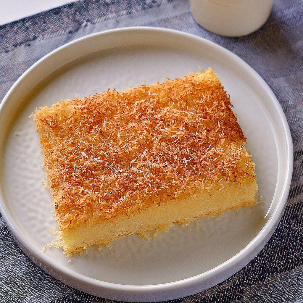 Golden shredded pastry custard square on white plate