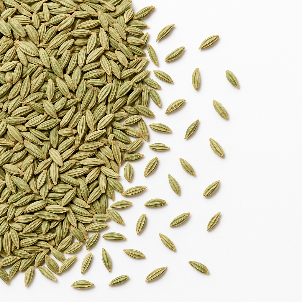 Nærbillede af grønne fennikelfrø spredt på hvid baggrund