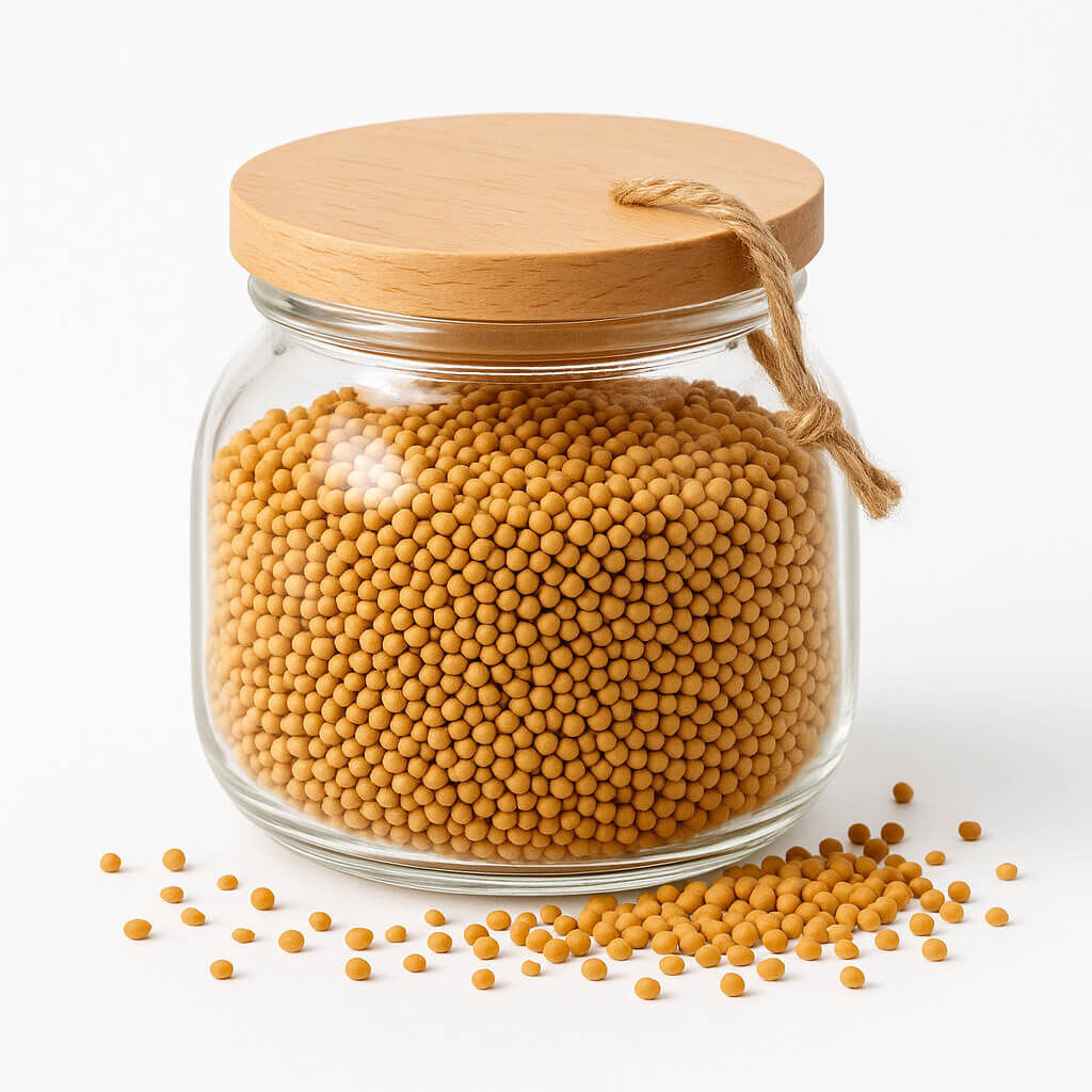 Glass jar with wooden lid filled with mustard seeds