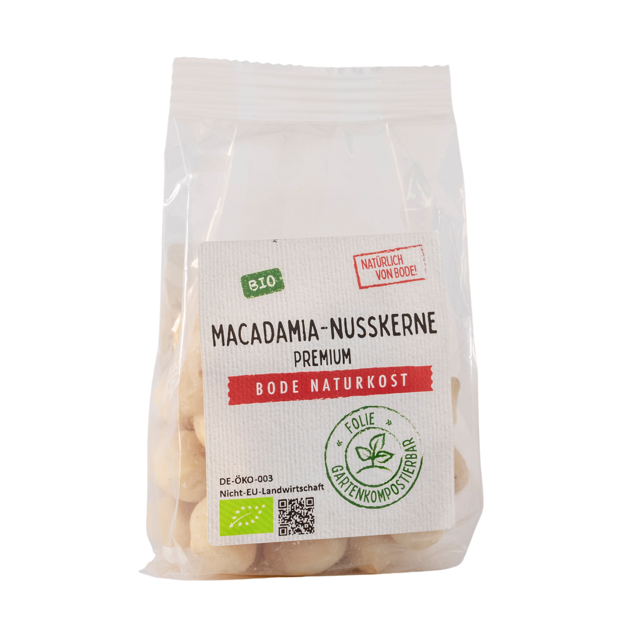 Økologiske macadamianødder i gennemsigtig pose fra Bode Naturkost