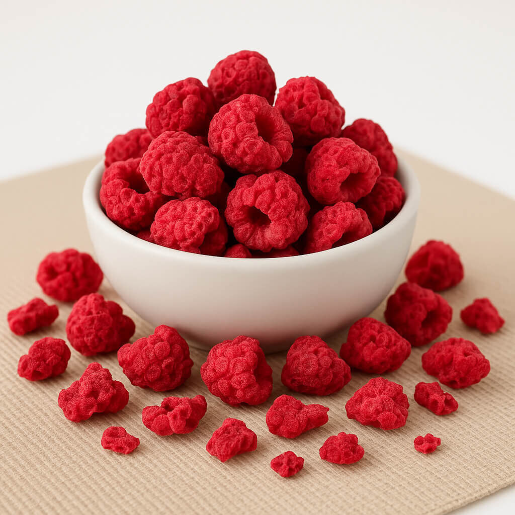 Close-up of freeze-dried raspberries in a white bowl