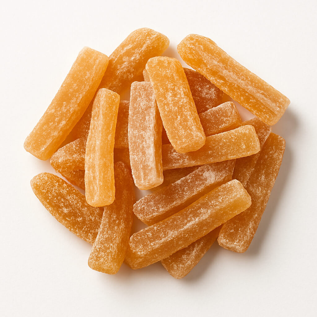 Close-up of candied ginger sticks on white background