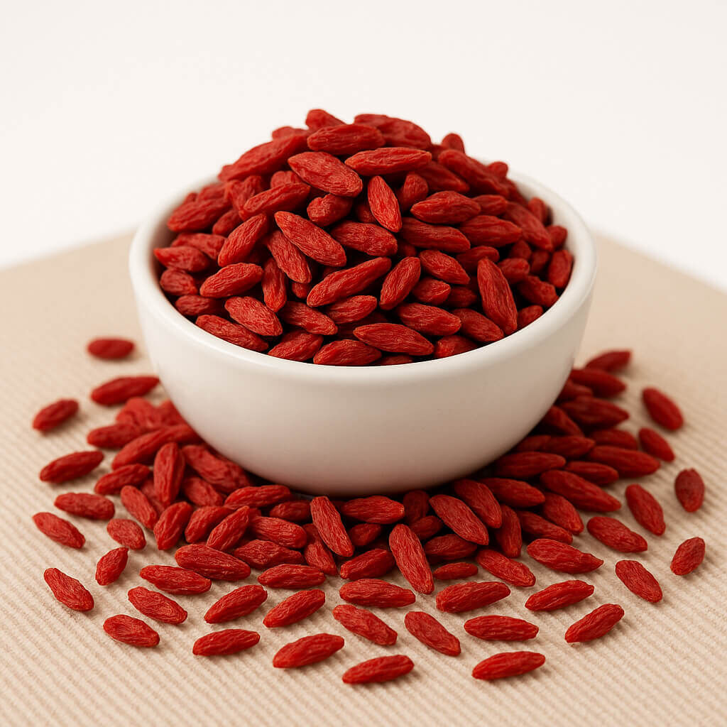 Heap of red dried goji berries on fabric