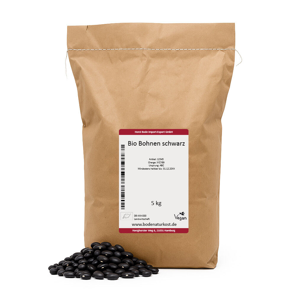 Brown kraft bag of 5kg organic black beans with loose beans
