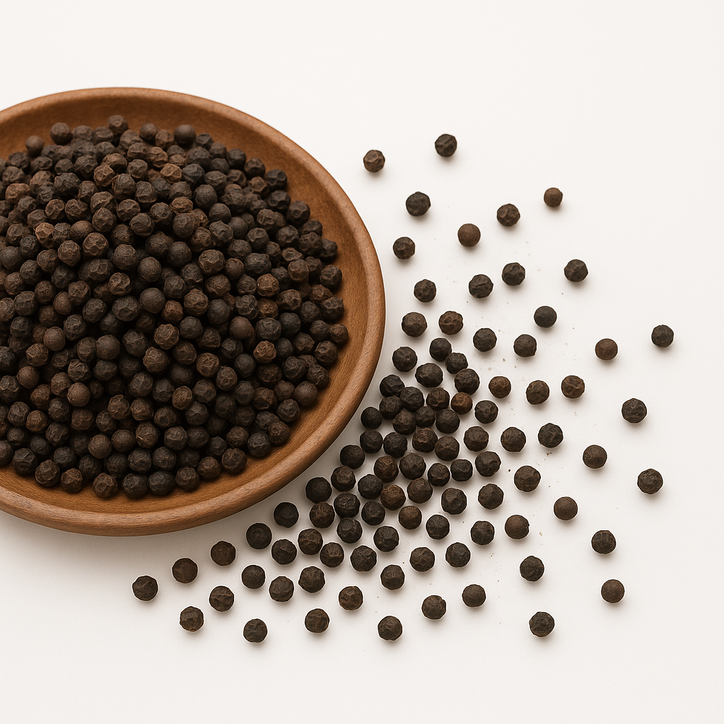Nærbillede af hele sorte peberkorn i en rund træskål med spredte korn på hvid baggrund