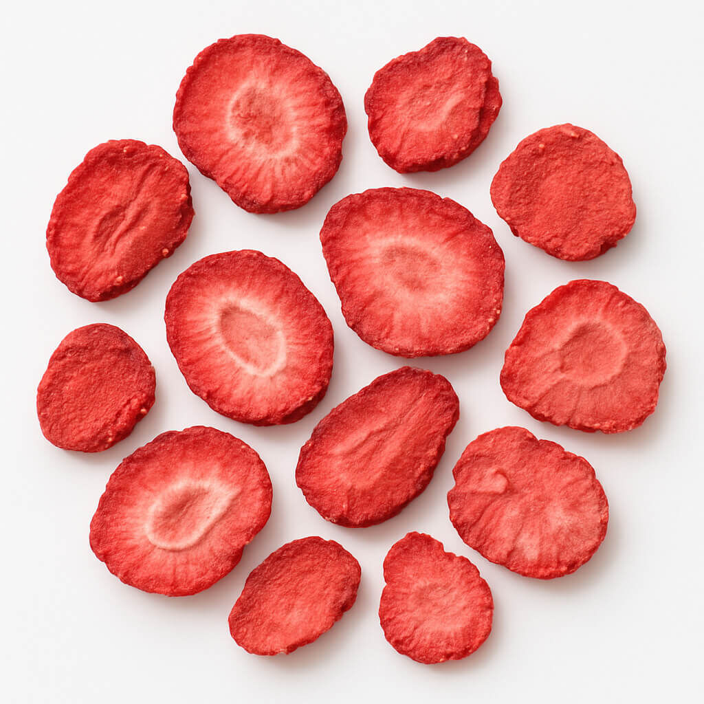 Top view of freeze-dried strawberry slices on white
