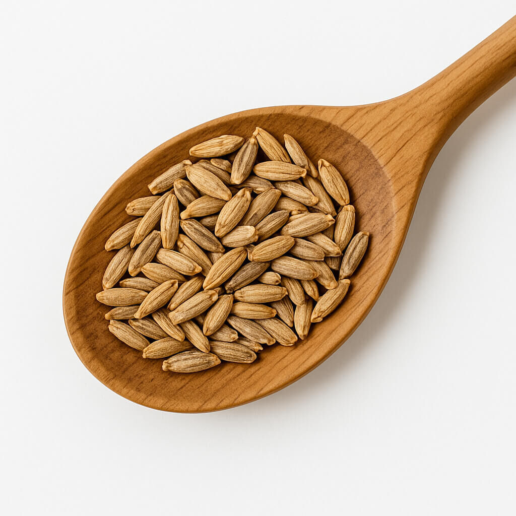 Wooden spoon with whole oat groats on white