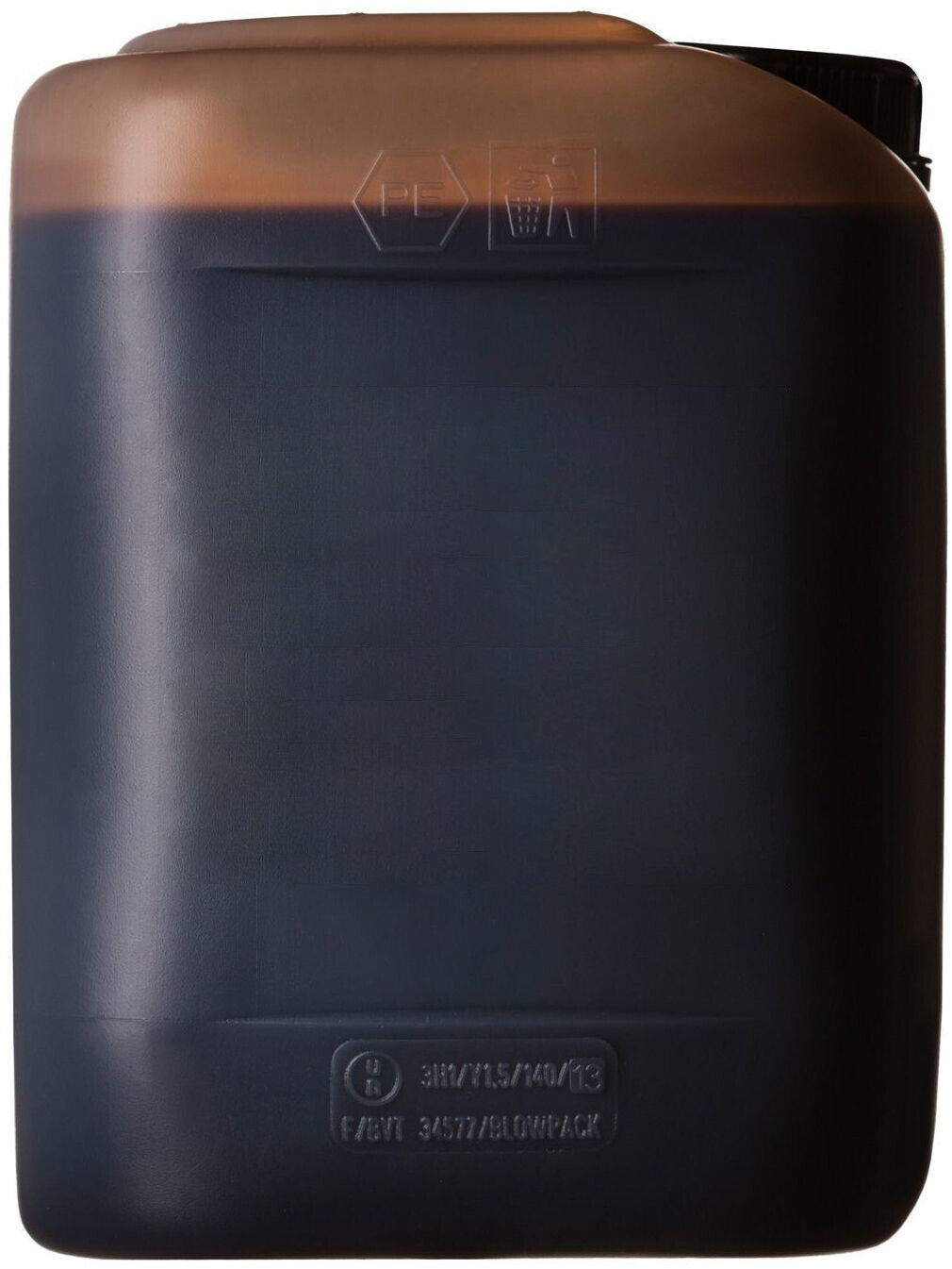 Forsidebillede af en mørk, rektangulær plastdunk med sort skruehætte og indstøbt mærkning