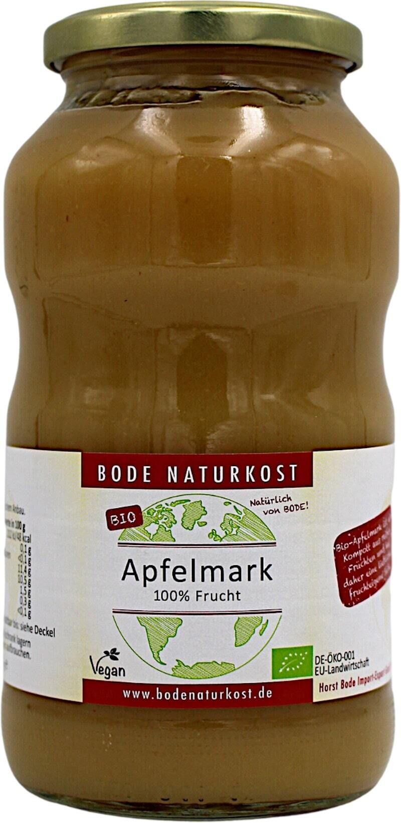 Glas med Bode Naturkost Apfelmark æblemos, økologisk etiket, 100% frugtindhold og veganmærke