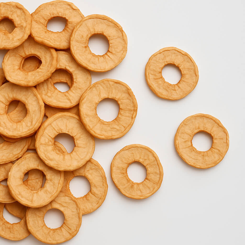 Stack of dried apple rings on white background