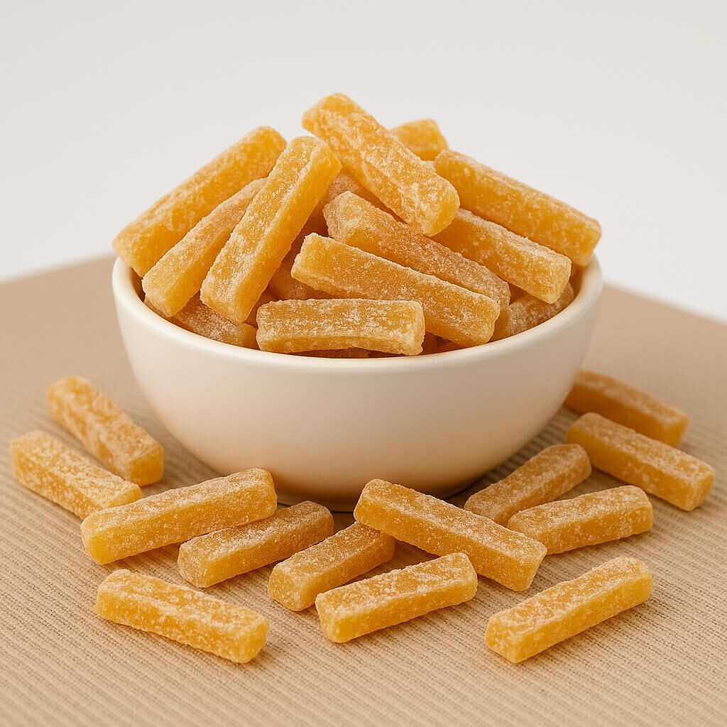 Sugar-dusted fruit candy sticks on placemat