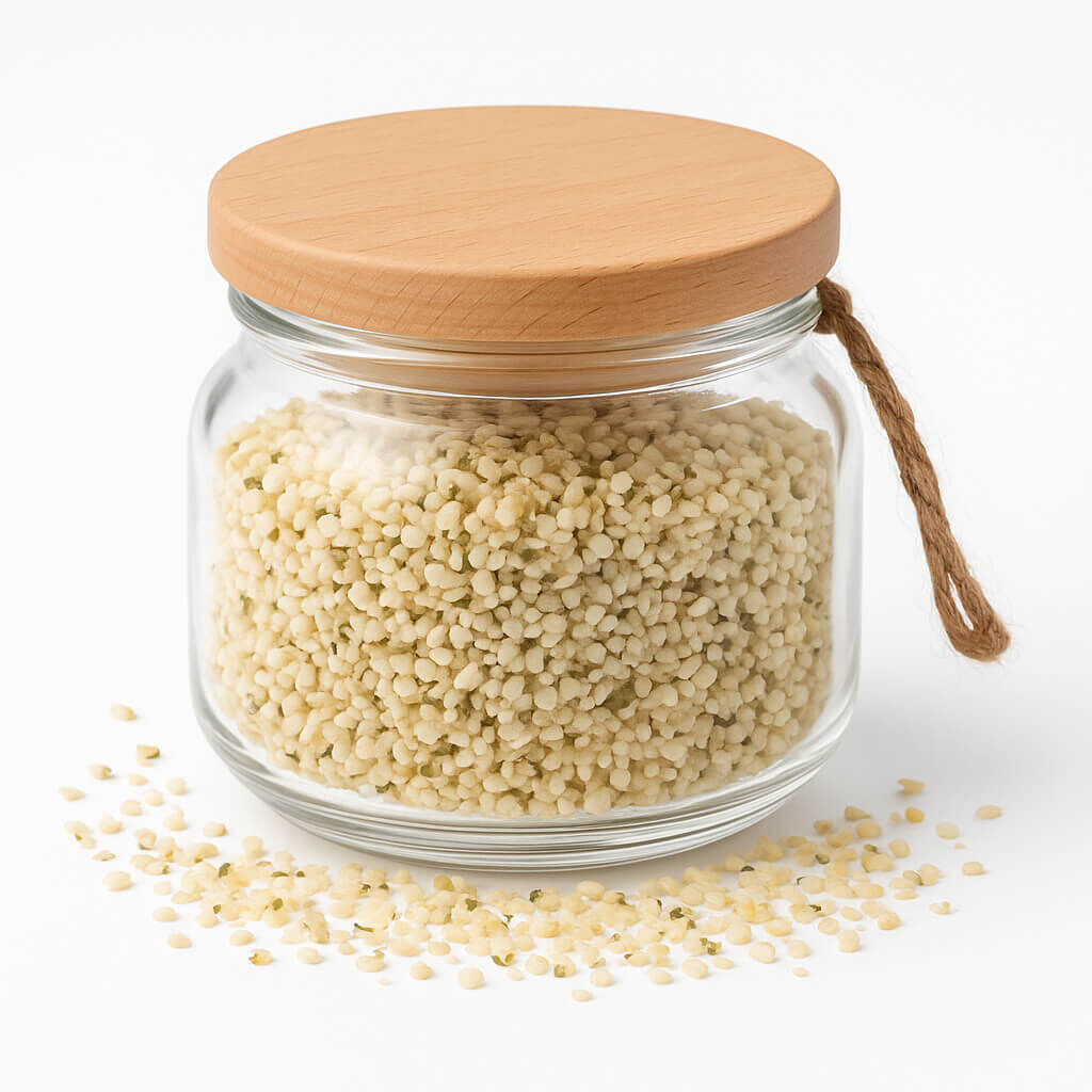 Glass jar with hulled hemp seeds