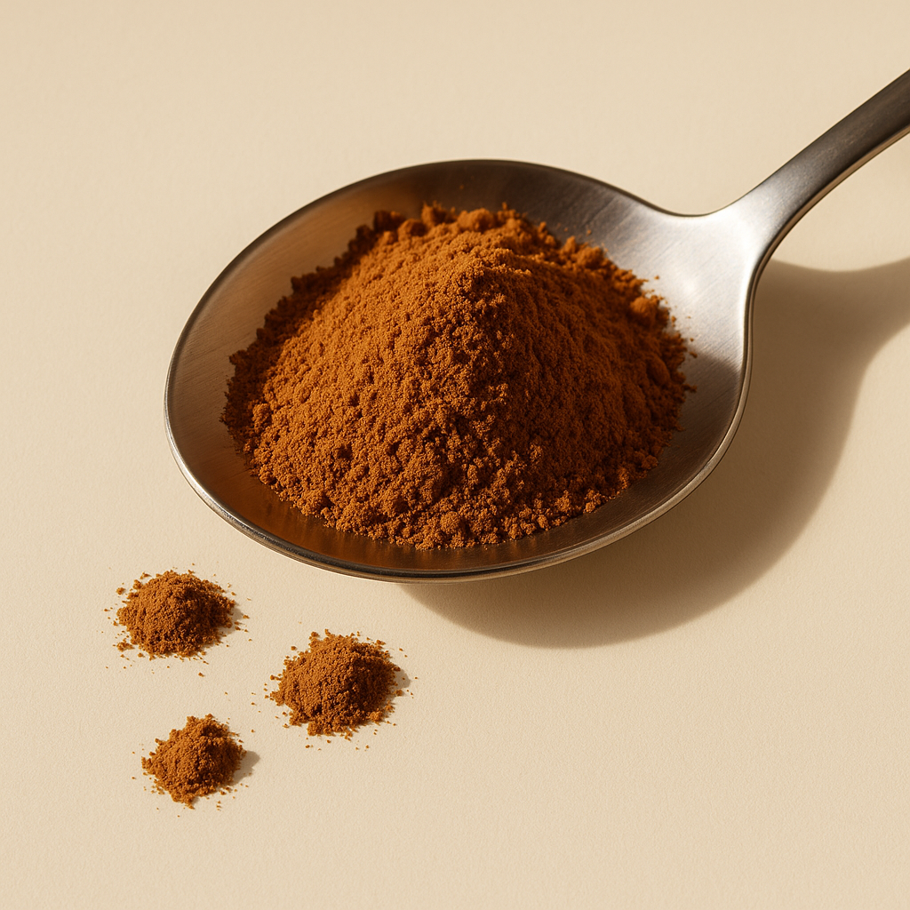 Nærbillede af stødt kanel i en metalske med tre små bunker kanel ved siden af på en lys beige baggrund