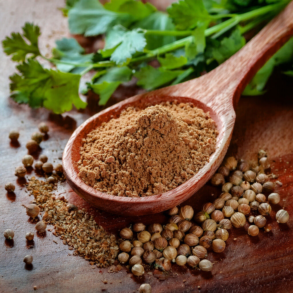 Ground coriander powder in a wooden spoon surrounded by coriander seeds and fresh leaves
