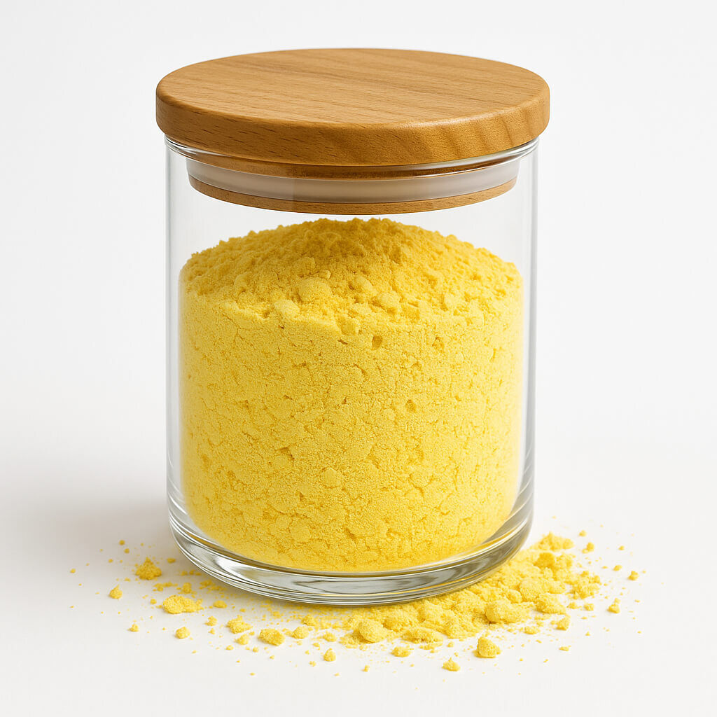 Jar of yellow powdered seasoning in glass container
