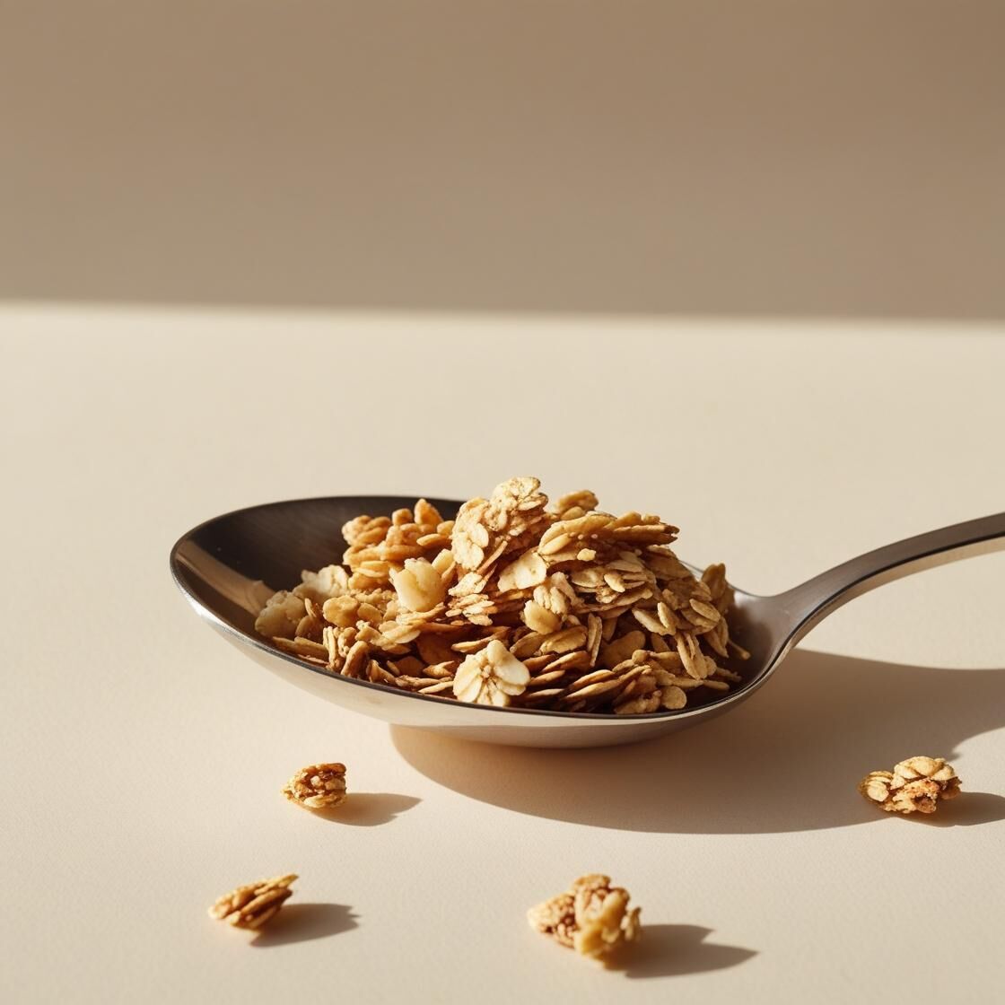 Ske med granola og havreflager på lys baggrund