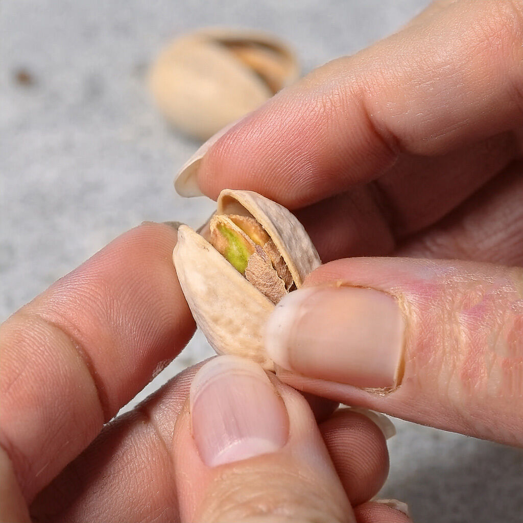 Nahaufnahme von Händen, die eine Pistazie aufbrechen; der grüne Kern ist sichtbar