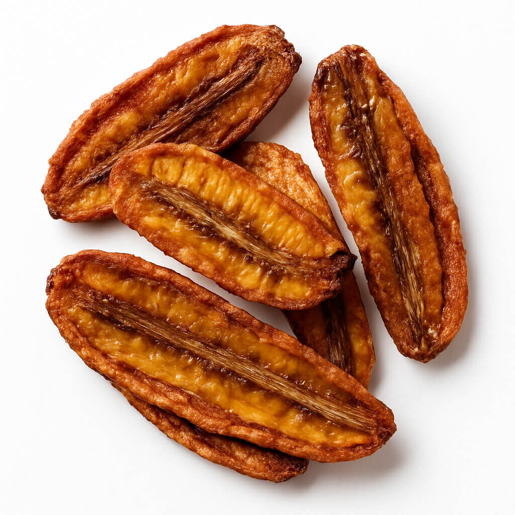 Dehydrated banana halves on white background
