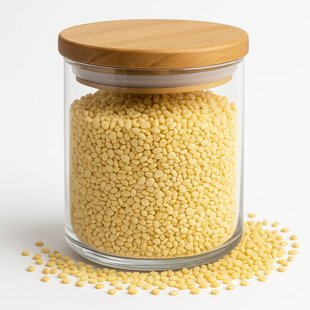 Glass jar of yellow granules with bamboo lid