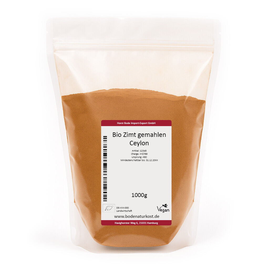 Genlukkelig pose med 1000 g økologisk malet Ceylon-kanel, hvid etiket med vegan- og økologimærker