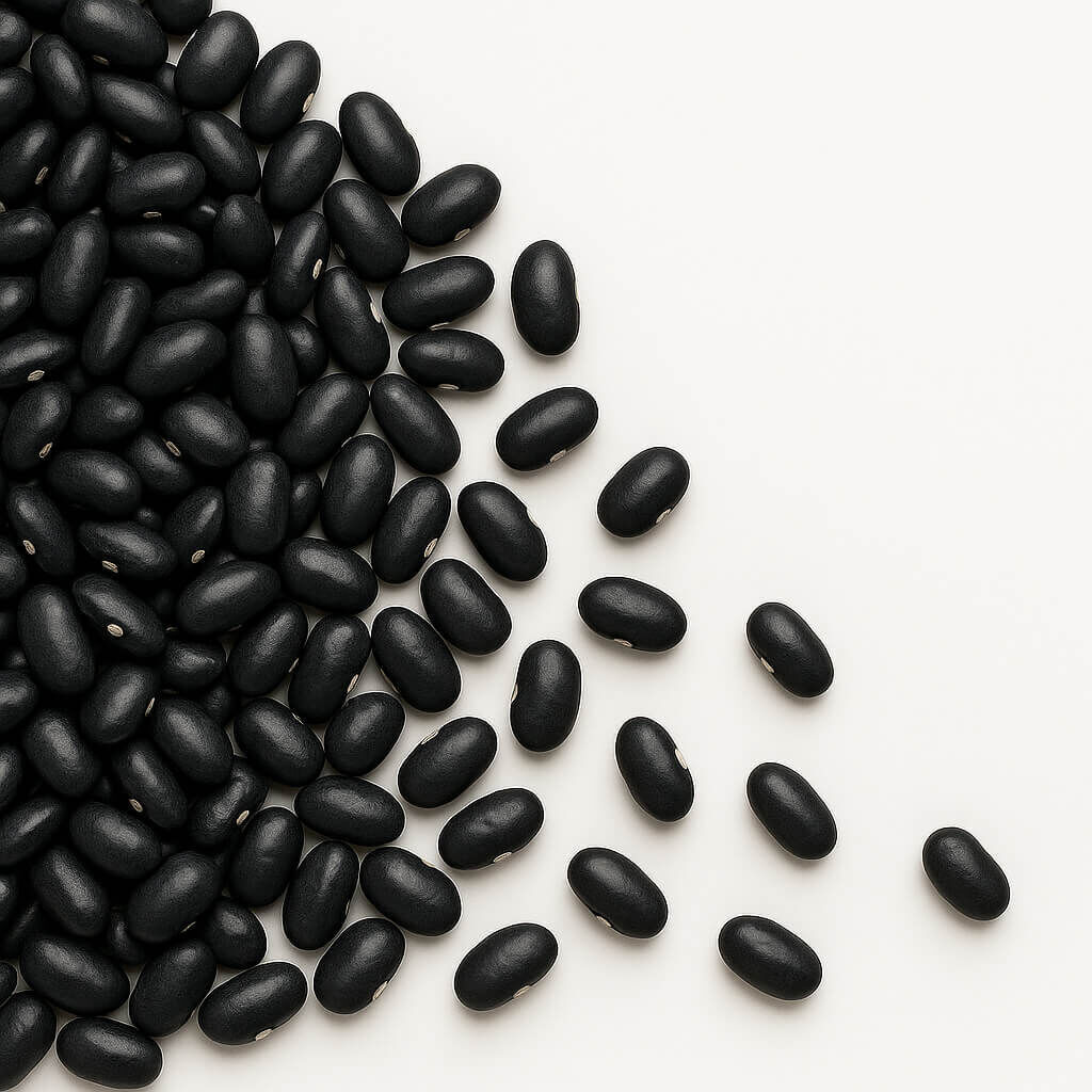 Black beans scattered on white surface