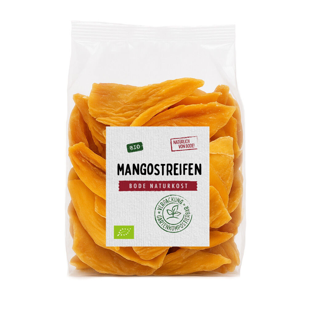 En pakke med økologiske tørrede mangostykker fra Bode Naturkost