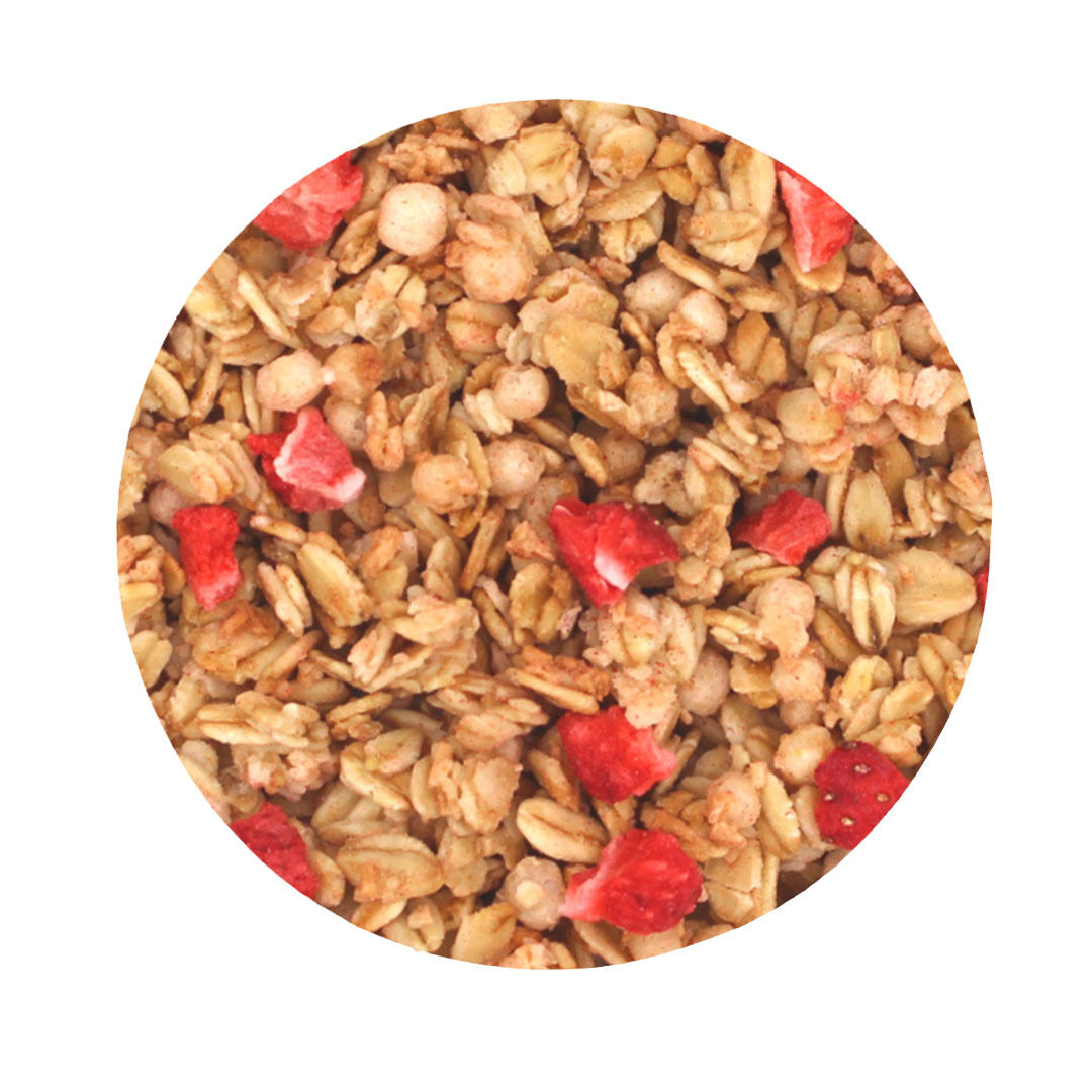 Nærbillede af granola med havregryn, puffede korn og små stykker frysetørrede jordbær i en rund beskæring på hvid baggrund.