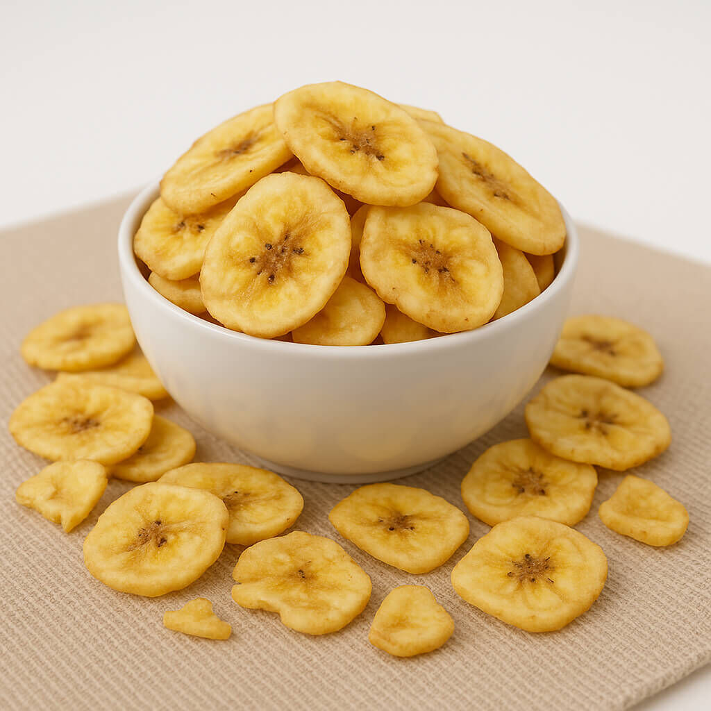 Bowl of sliced banana chips on beige cloth