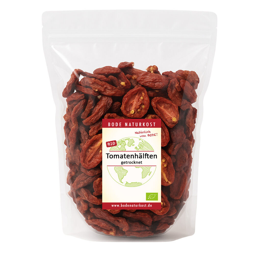 Organic dried tomato halves in clear zip pouch